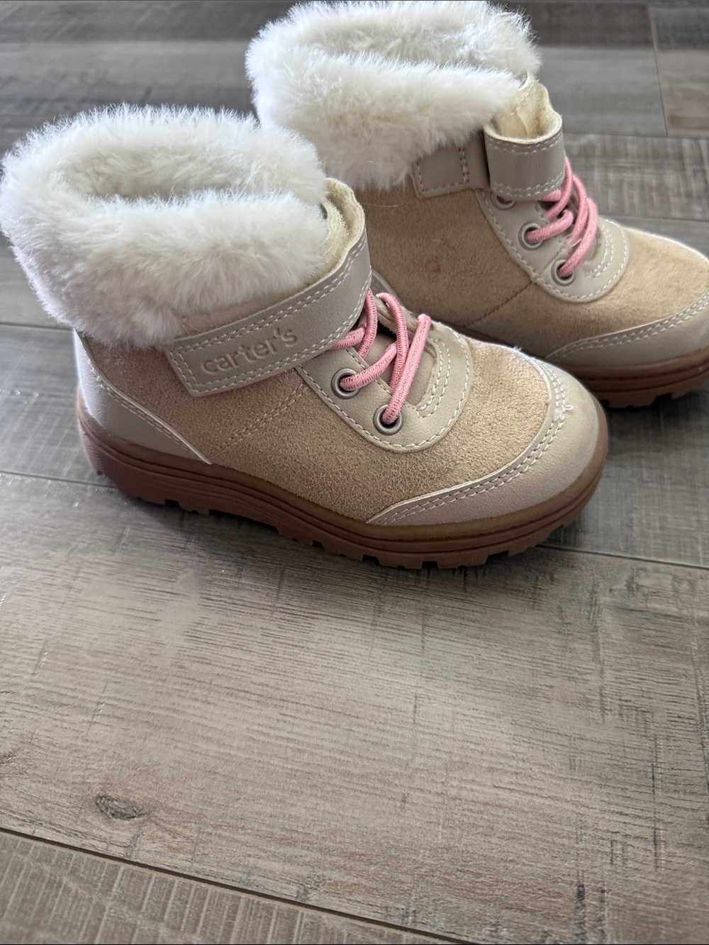Carter's Beige Suede Faux-Fur Ankle Boots with Pink Laces